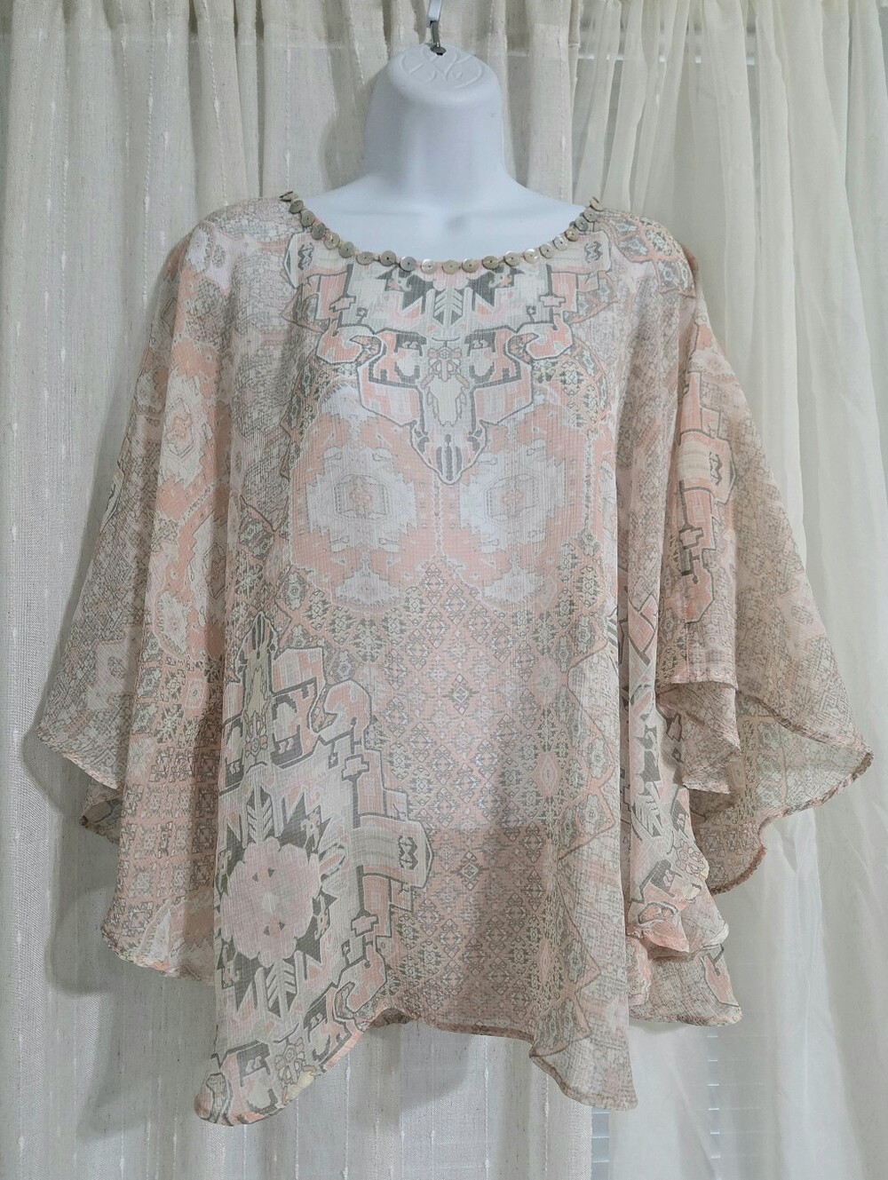 Ruby Rd. Peach and Sage Sheer Boho Poncho